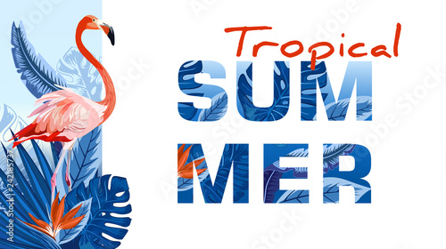 Flamingo and tropical palm leaves, plants, bird of paradise. Negative space trend.  Tropical Summer placard, poster, flyer, banner invitation card.