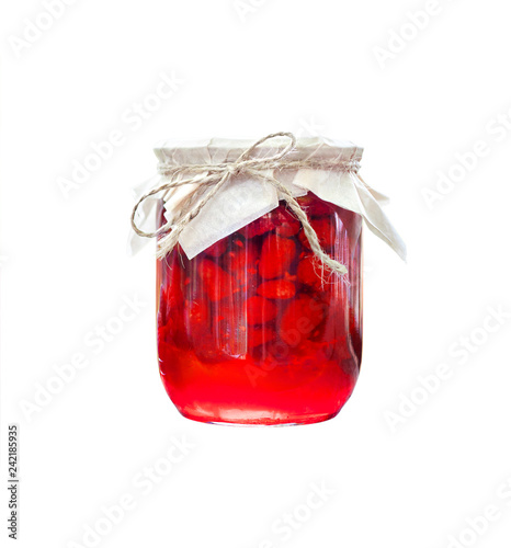 Raspberry preserve in glass jar isolated on white backgrund with clipping path