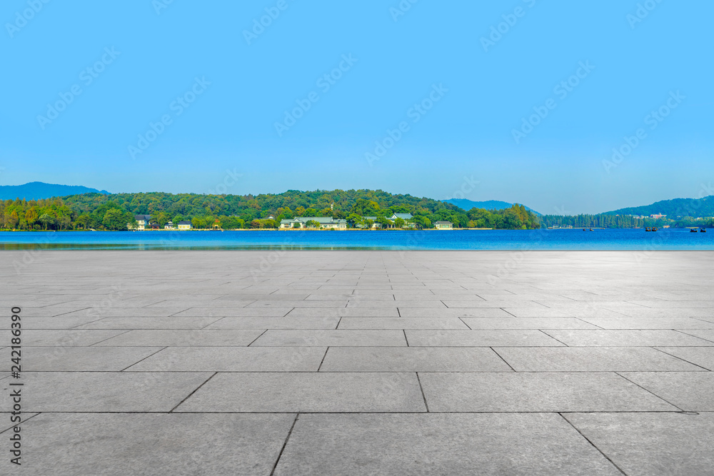 Empty Plaza Floor Bricks and Beautiful Natural Landscape..