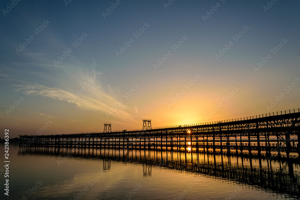 Sunset over the Rio Tinto Pier, Huelva, Andalusia, Spain