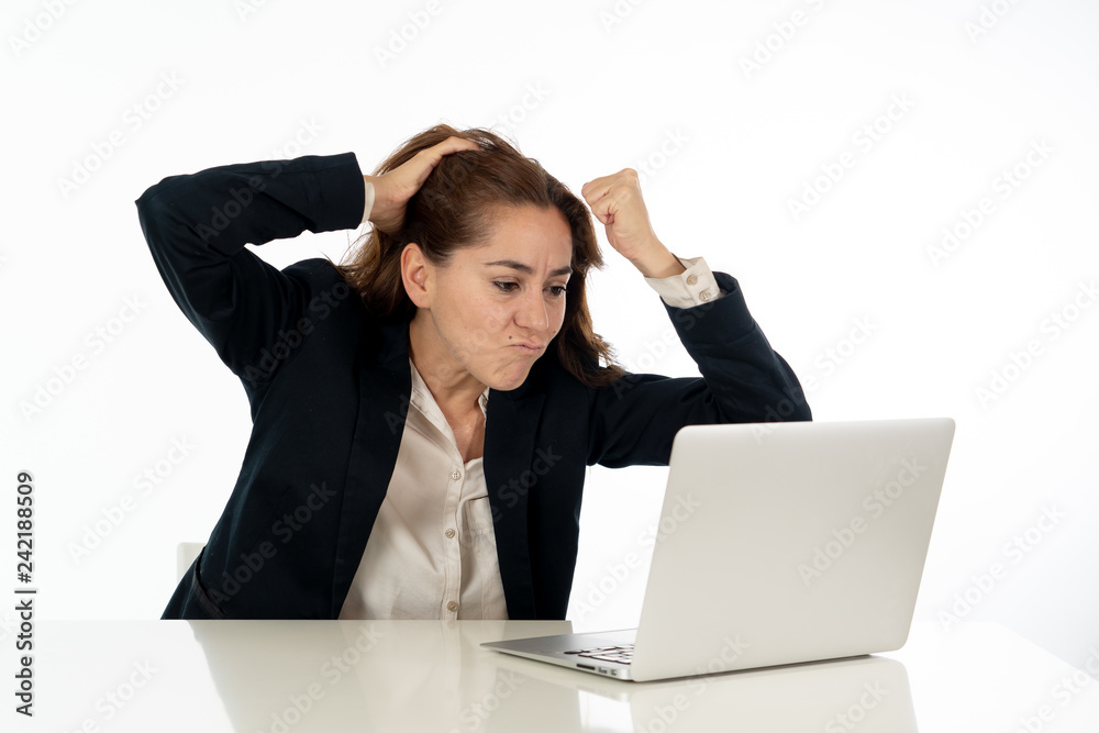 Business corporate woman desperate and overwhelmed with laptop computer Business corporate woman desperate and overwhelmed with laptop computer
