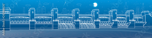 Hydro power plant. River Dam. Energy station. Water power. City infrastructure industrial illustration panorama. White lines on blue background. Vector design art