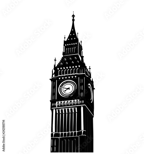 Vector illustration of famous Big Ben tower in London isolated over white background. National symbol. Tourism attraction of capital of Great Britain.