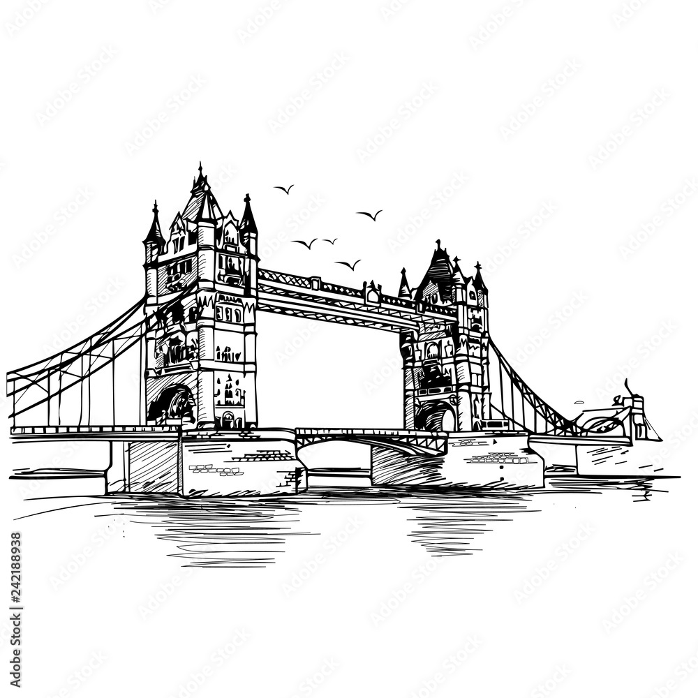 Obraz premium Tower Bridge handmade illustration or vector. Beautiful landmark across river. London Tower Bridge across Thames, located near Tower of London.