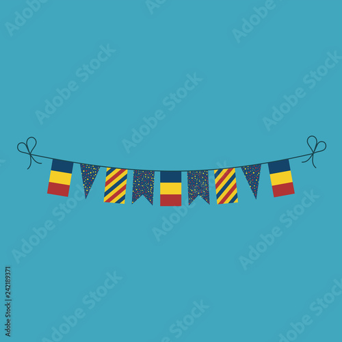 Decorations bunting flags for Romania national day holiday in flat design. Independence day or National day holiday concept.
