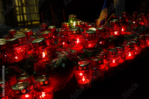 Red candles at night near the holodomor memorial. Honoring the memory of victims of famines in Ukraine. Golodomor photo