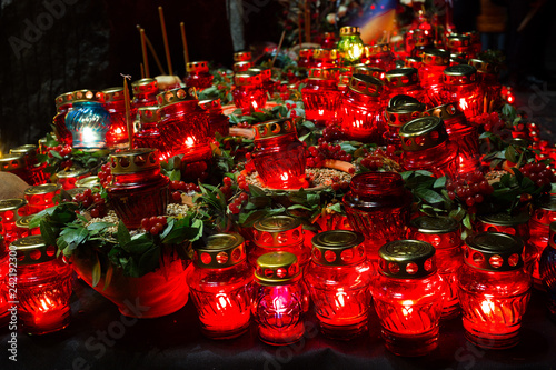 Red candles at night near the holodomor memorial. Honoring the memory of victims of famines in Ukraine. Golodomor photo