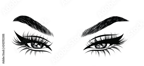 Abstract fashion illustration of the eye with creative makeup. Hand drawn vector idea for business visit cards, templates, web, salon banners,brochures. Natural eyebrows and glam eyelashes