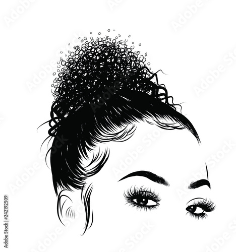 Curly beauty girl illustration isolated on clear background. Double buns with long hair. Hand draw idea for business cards, templates, web, brochure, posters, postcards, salon