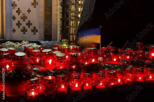 Red candles at night near the holodomor memorial. Honoring the memory of victims of famines in Ukraine. Golodomor photo