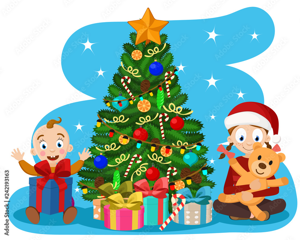 Children make out the gifts near the Christmas tree. Children make out the gifts near the Christmas tree.