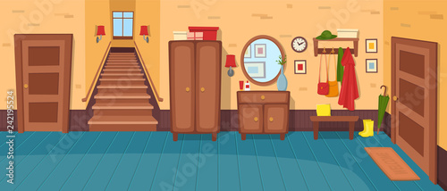 Cartoon hallway background. Panorama with stairs, doors, wardrobe, chest of drawers, mirror, coat rack with clothes, umbrella.Vector illustration in cartoon flat style.