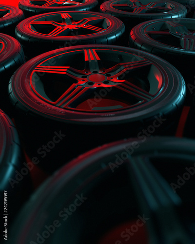 Car wheels set on red background. Poster design. Stack. 3d illustration. © Vladimir