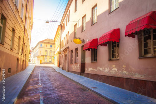 European street in old town in Vilnius on summer day  Lithuania.