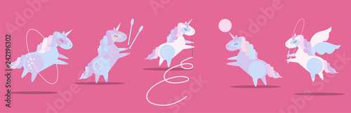 Cute plump unicorns in rhythmic gymnastics. Set of beautiful pony doing rhythmic gymnastics with ribbon, ball, hoop, skipping rope. Flat cartoon style illustration on color magenta background