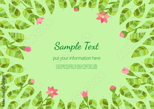 Floral border with pink abstract blossoms on green leaves on green background illustration. Vector decorative frame with fresh seasonal garden flowers. Hand drawn design element. Flyer poster template