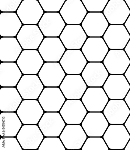 Seamless black geometric hexagon pattern on white. Simple abstract background.