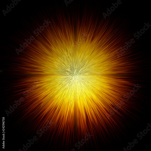 High resolution digitally generated abstract sunburst, glowing bright yellow to red colors on black background.
