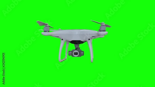 Remote Control Air Drone Dron Flying with action camera. Isolated on Green Screen Background. 3D rendering