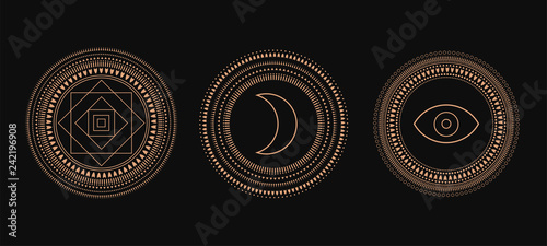 Vector Set of Circle Geometric Ornaments. Geometric alchemy symbol. Abstract occult and mystic signs. Black background.