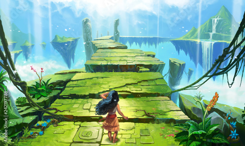 Magical island soars in the clouds. The road leading to the fairy tale.