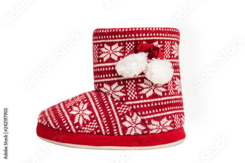  Red knitted boot with ornament isolated on white background