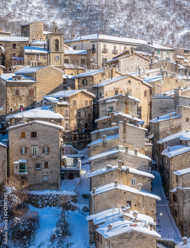 The beautiful Scanno covered in snow during winter season. Abruzzo  central Italy.