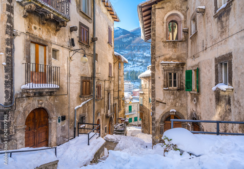 Fototapeta Naklejka Na Ścianę i Meble -  The beautiful Scanno covered in snow during winter season. Abruzzo, central Italy.