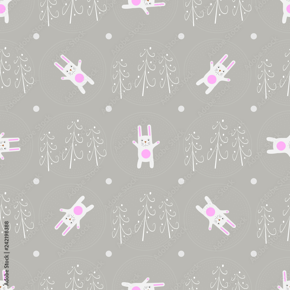 Seamless pattern funny cartoon white rabbit in the forest