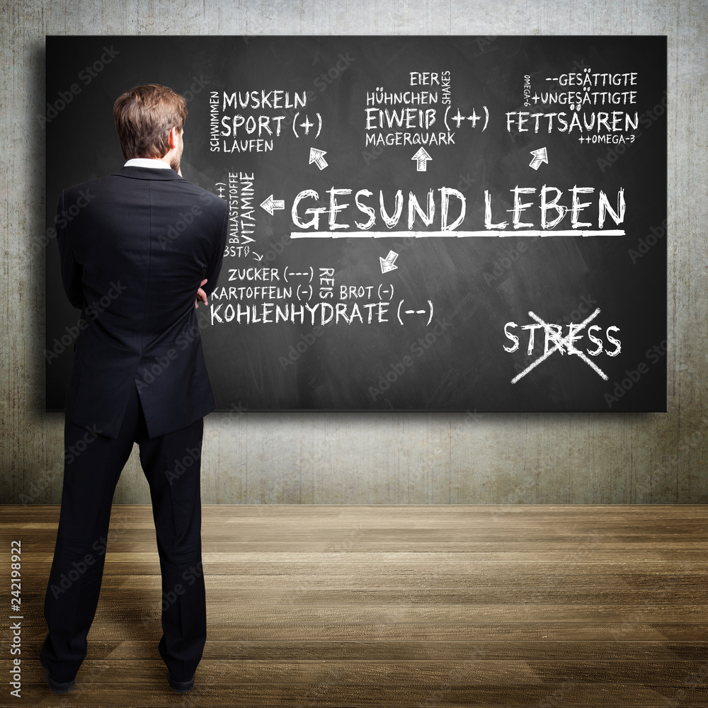 Mann steht vor Wandtafel mit Ernährungsplan für das Gesunde Leben Mann steht vor Wandtafel mit Ernährungsplan für das Gesunde Leben