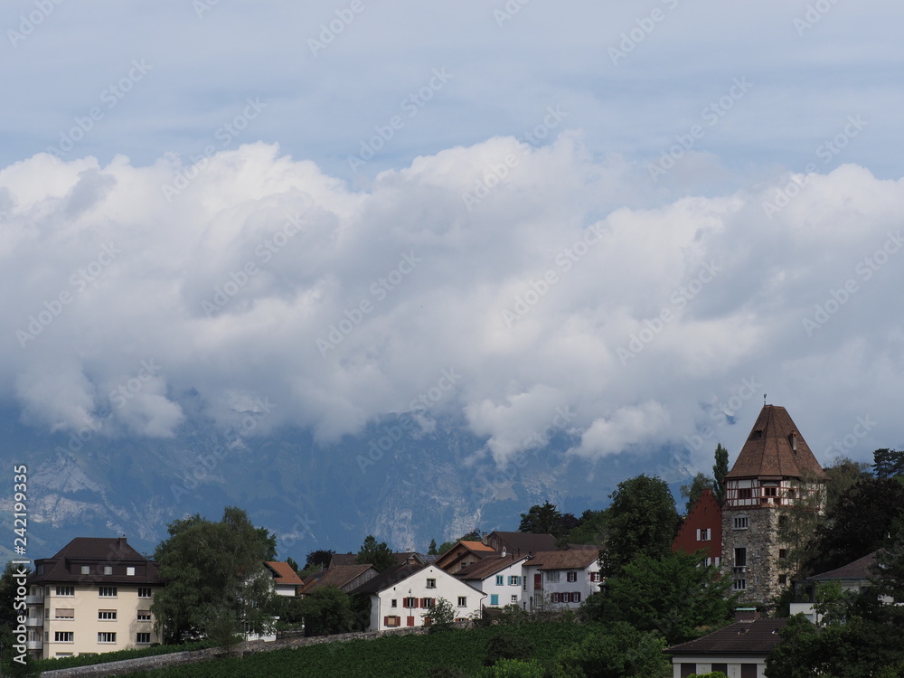 Tower and scenic housing estate on hill at cityscape landscape of clouds above european capital Vaduz city Liechtenstein
