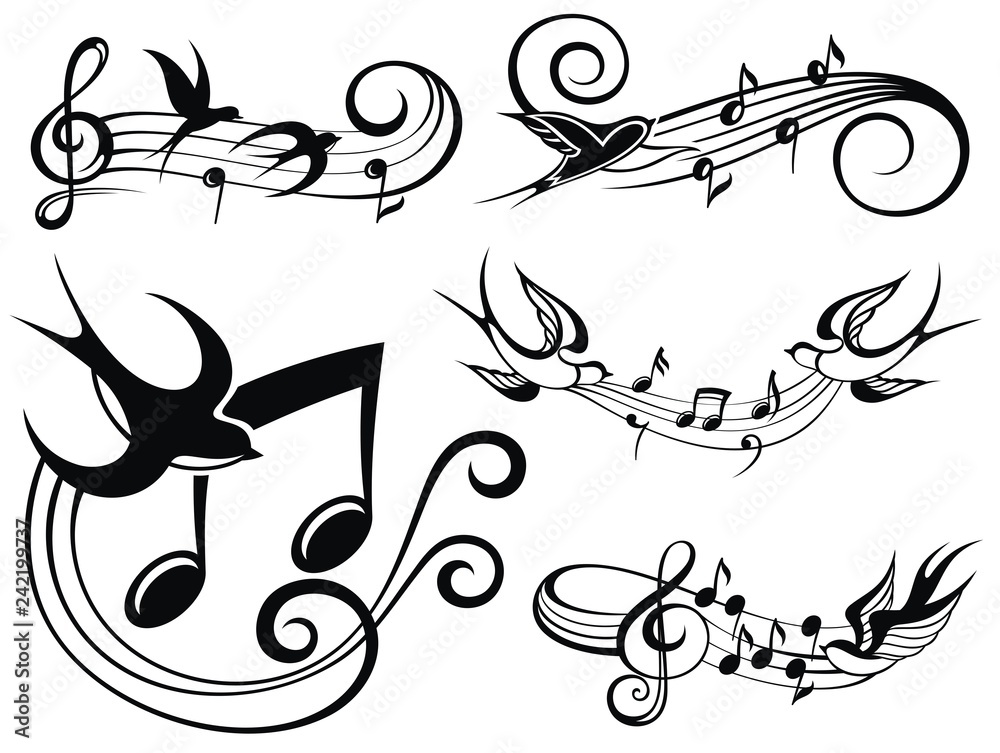 Fototapeta premium Musical set with swallows.Musical sound wave with music notes
