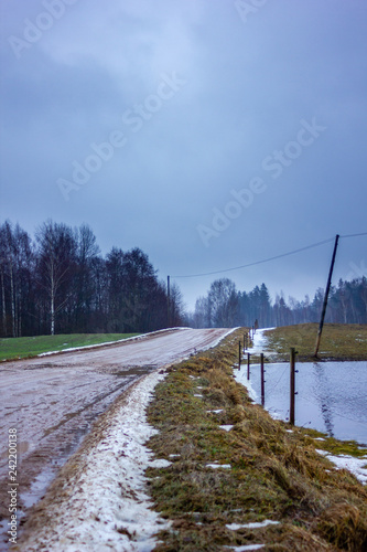 Empty Countryside Landscape in Cloudy Winter Day with Snow Partly Covering the Ground and Fog, Puddles and Tire Marks on the Road © Reinholds