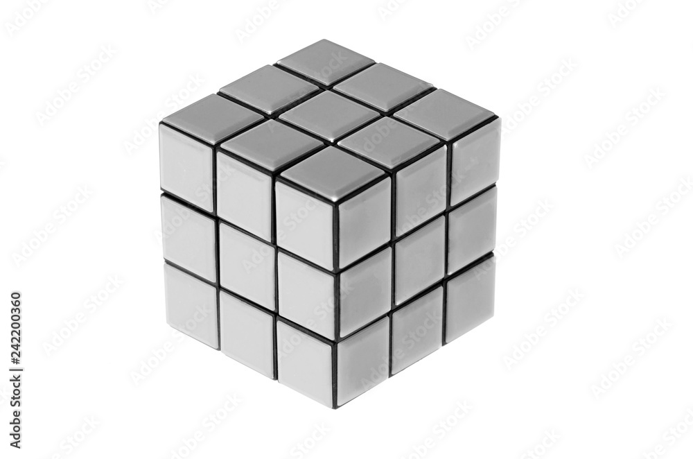 Cube puzzle isolated on white background. This cube puzzle does not exist  in real life, it is a photo manipulation. Stock Photo