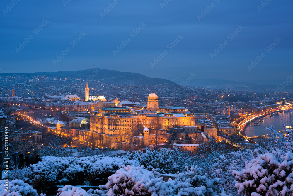 Fototapeta premium Illuminated Royal Palace of Buda in Budapest, winter night view 