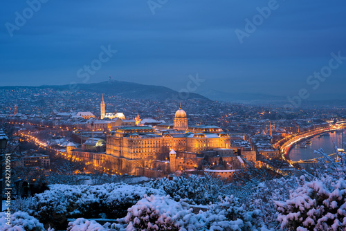Illuminated Royal Palace of Buda in Budapest, winter night view 