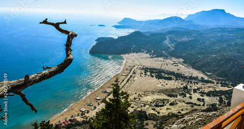 PANAGIA TSAMPIKA RHODES GREECE NOVEMBER 3 2018   view of Tsampika beach from the top of the mountain