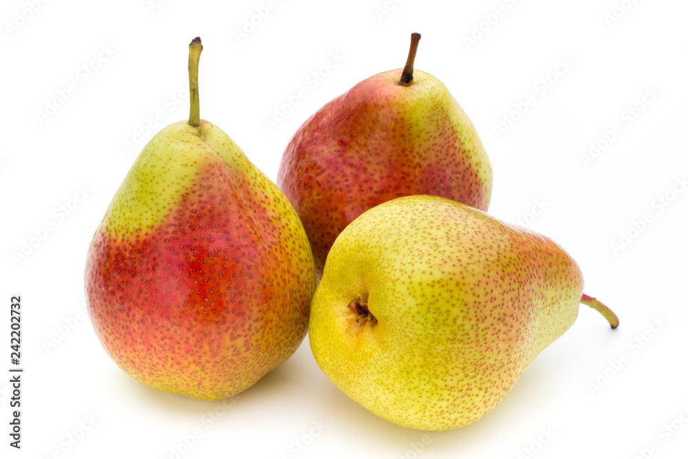 Fresh bio pear with leaves on isolated white background. Fresh bio pear with leaves on isolated white background.