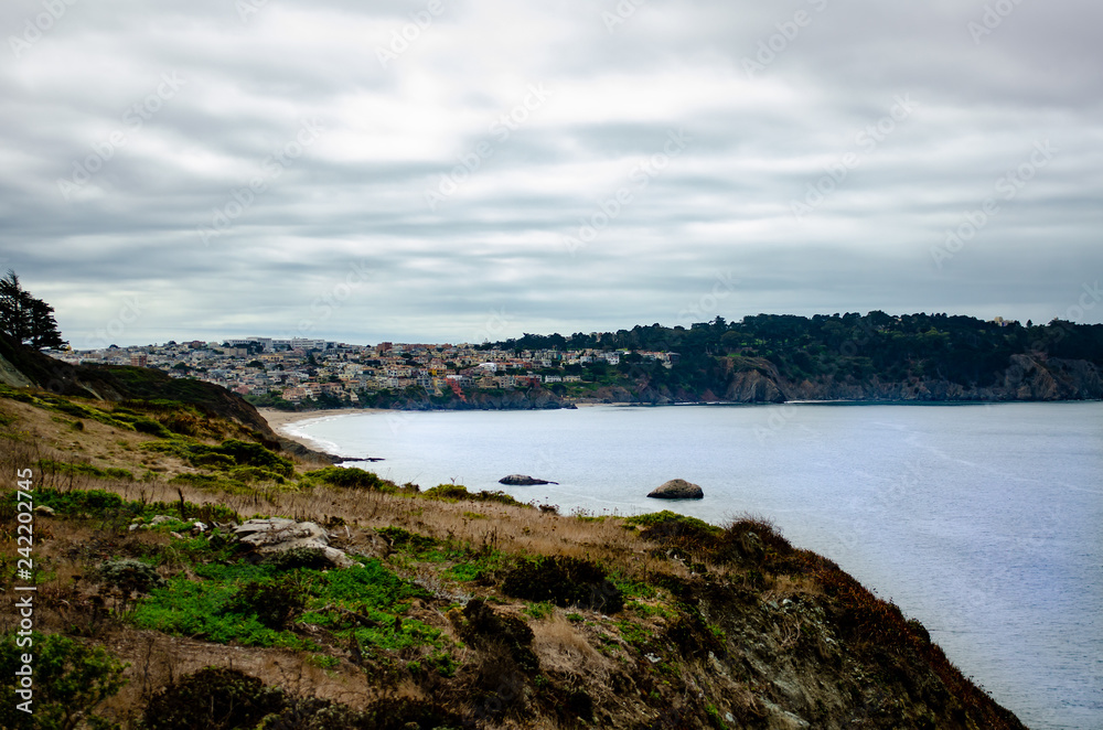View towards Baker Beach on a cloudy day, San Francisco, California