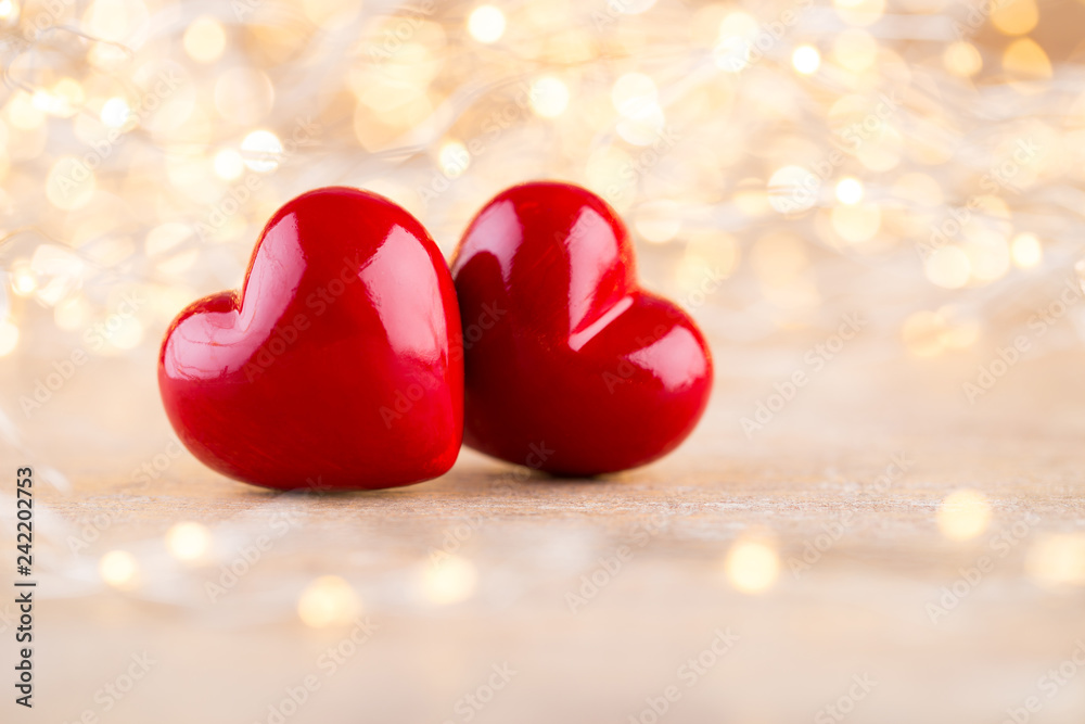 Red heart bokeh background, valentine day greeting card.