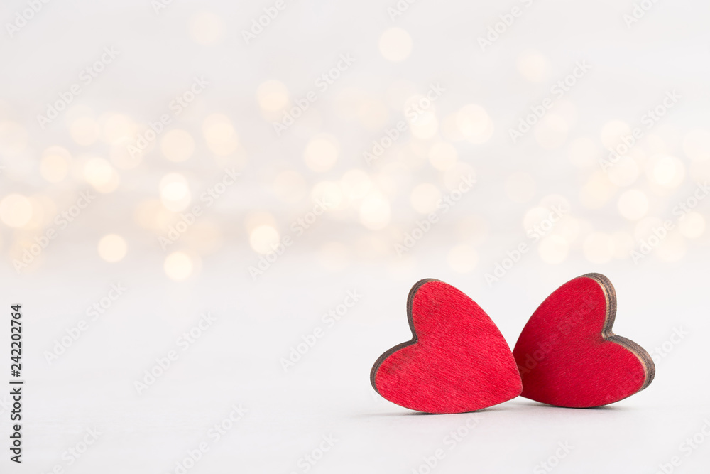 Obraz premium Red heart bokeh background, valentine day greeting card.