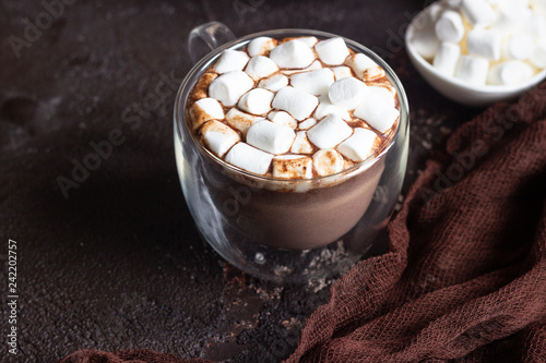 Glass cup of hot chocolate or cocoa drink with marshmallows. Traditional winter or autumn hot drink. Holiday concept, Selective focus.