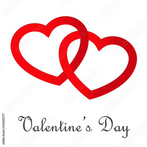 Logotipo abstracto con texto Valentine's Day con dos corazones lineales entrelazados en degradado rojo