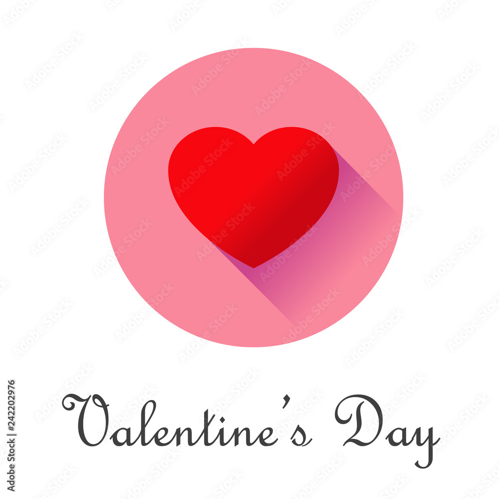 Logotipo abstracto con texto Valentine's Day con corazón rojo con sombra en circulo rosa