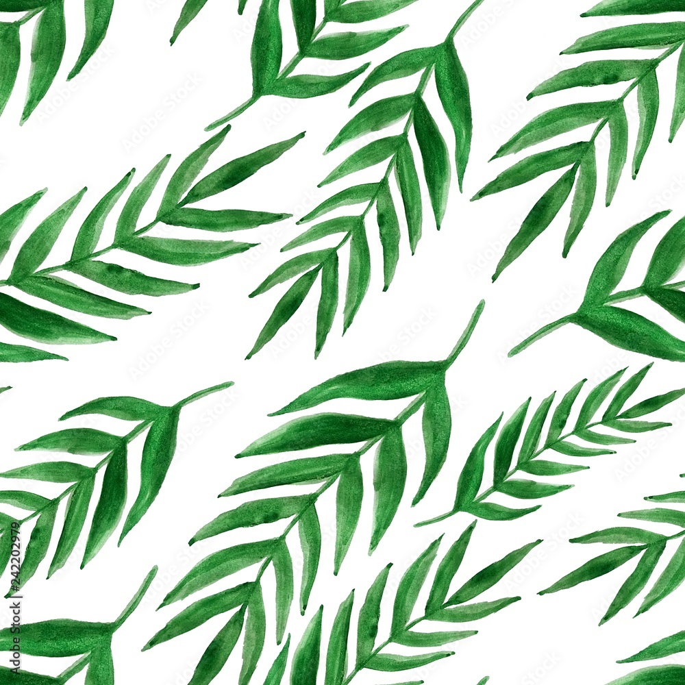 Fototapeta premium Beautiful exotic, tropical watercolor seamless pattern with palm tree leaves