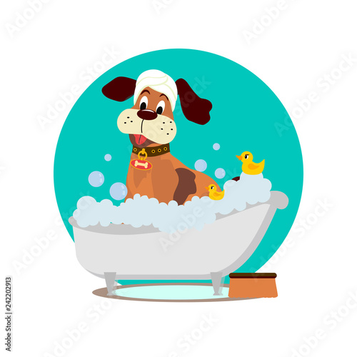 Dog grooming. Cute dog taking a bath. Vector cartoon style illustration