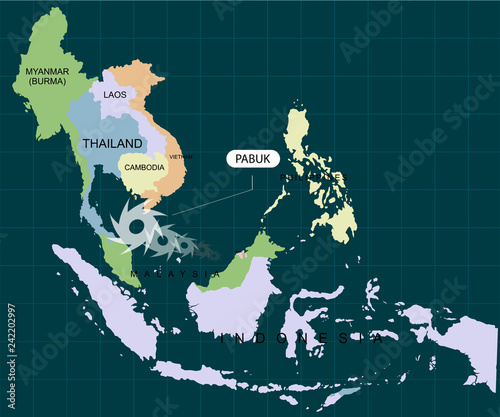 Storm Pabuk to strike southern Thailand. Hurricane - storm Pabuk. Hurricane damage. Vector illustration photo