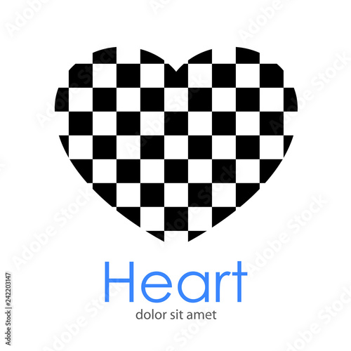 Logotipo abstracto con texto Heart con corazón como tablero ajedrez en espacio negativo en negro y blanco