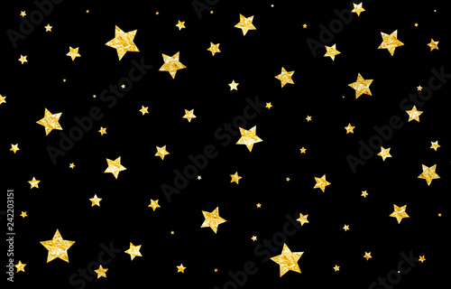 Gold stars on black background, confetti, foil, holiday, night, glitter