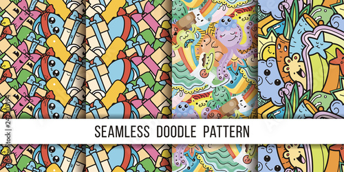 Collection of funny doodle monsters seamless pattern for prints  designs and coloring books